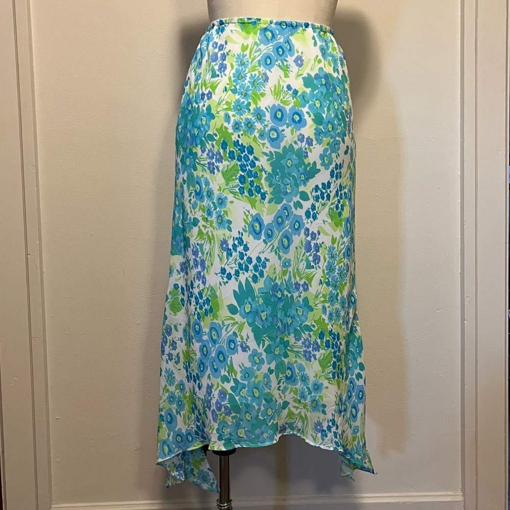 Blue and Green Floral Asymmetric Y2K Midi Skirt